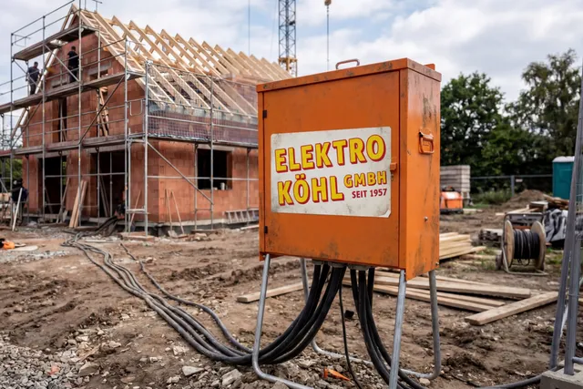 Orangefarbener Baustromverteiler von Elektro Köhl auf einer Baustelle